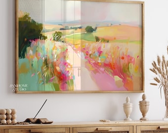 Abstract colorful landscape painting, colorful brush strokes nature print, farm scenery path artwork, printable wall art