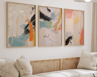 Colorful brush strokes paintings, modern abstract brush strokes gallery prints set of 3, printable wall art