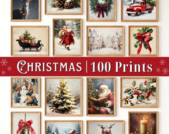 May include: A collection of 100 Christmas-themed art prints displayed in gold frames, featuring imagery of Santa Claus, reindeer, snowy landscapes, decorated trees, wreaths, bells, and holiday motifs, with the text CHRISTMAS | 100 Prints in the center.
