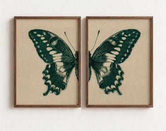 Gesplitste vlinderprints set van 2, groenbeige vlindervleugels 2-delige muurkunst, minimalistische elegante groene kamer afdrukbare muurkunst