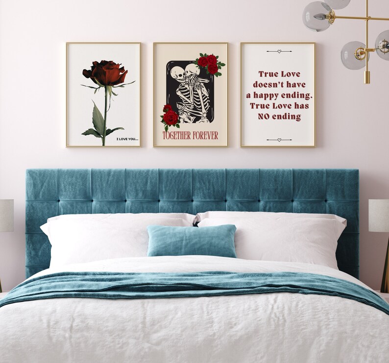 May include: Three framed prints with black and white illustrations and red roses. The first print features a single red rose with the text "I love you". The second print features two skeletons embracing with the text "Together Forever". The third print features the text "True Love doesn't have a happy ending. True Love has NO ending."