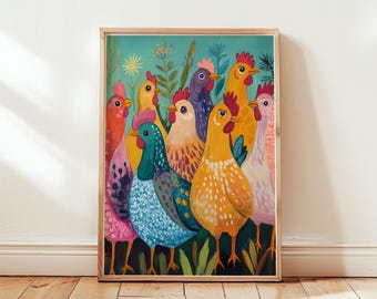 Colorful Chicken Art Print: Playful Farm Hens Poster (Digital Download)