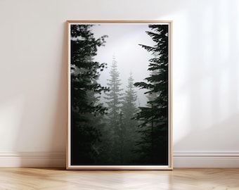 Dunkler Wald Druck, Kiefern Bäume Fotografie, nebliger Wald Poster zum digitalen Download, druckbare Wandkunst