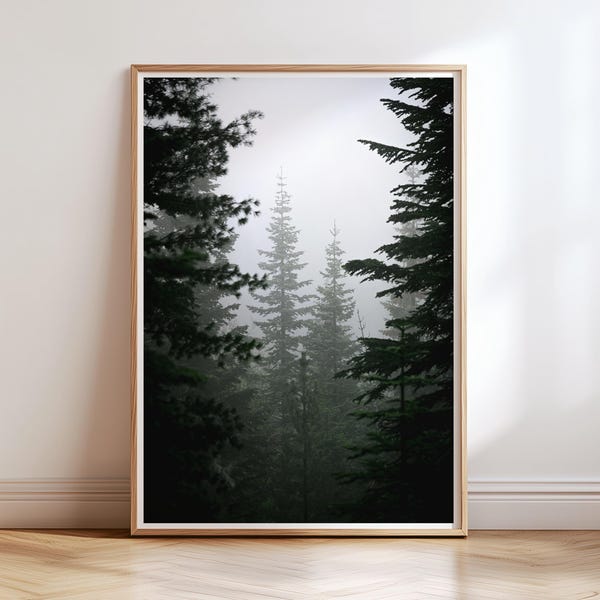 Impresión de bosque oscuro, fotografía de pinos, póster de bosque brumoso para descarga digital, arte de pared imprimible