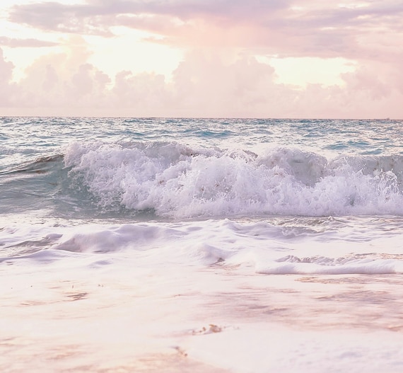 Pastel Pink Sea Art Print, Horizontal Beach Wall Art, Coastal