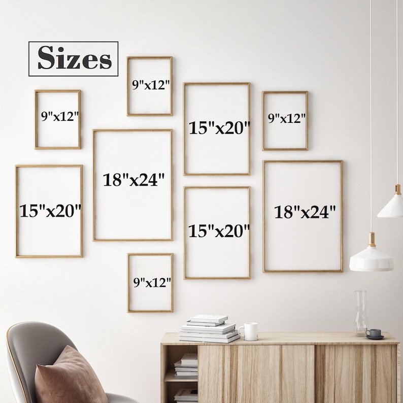 May include: A wall display of eight different sized picture frames with gold frames and white mats. The frames are arranged in a staggered pattern and labelled with their dimensions in inches. The text "Sizes" is displayed at the top of the image.