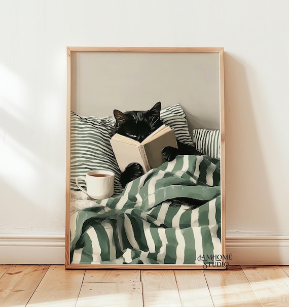 Black Cat Reading Book Print, Cozy Striped Green Bedroom Poster, Cute Cat in Bed Illustration, Digital Download
