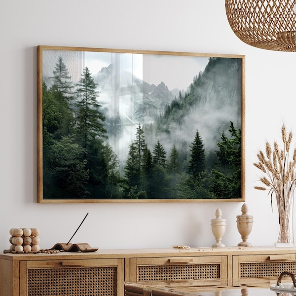 Forest mountains digital print, misty foggy mountains photography, green forest landscape print, large nature picture, printable wall art