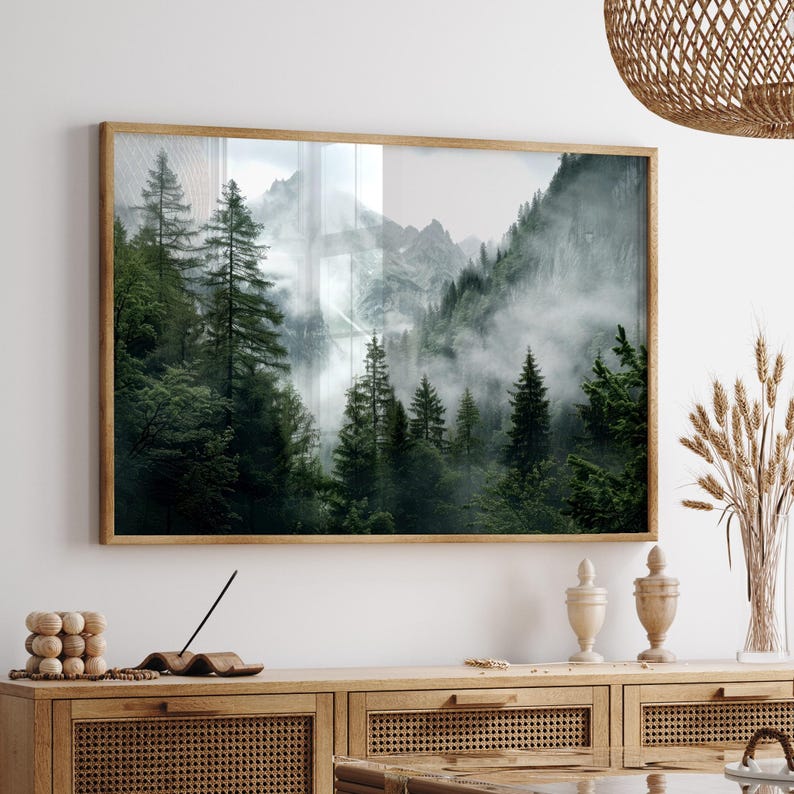 Forest mountains digital print, misty foggy mountains photography, green forest landscape print, large nature picture, printable wall art image 1