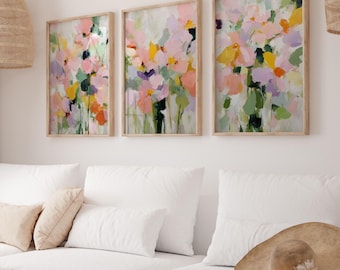 Juego de 3 impresiones florales abstractas, pintura moderna de flores pastel multicolor, descarga digital