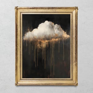 Dark moody rain cloud print, black gold artwork, stormy cloud painting, minimalist dark academia art, large room printable wall art