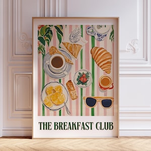 Impression d'art mural Breakfast Club, affiche de cuisine tendance moderne, oeuvre d'art rose vert de salle à manger, grande oeuvre d'art murale imprimable