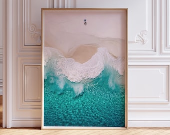 Aerial beach photo print, turquoise ocean water photography, aerial coastal poster, printable wall art
