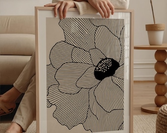 Lámina artística de líneas florales abstractas neutras, póster minimalista moderno de flores en negro y beige, descarga digital.