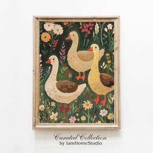 Farmhouse goose print, vintage farm geese painting, rustic nursery animal art, cottage printable wall art