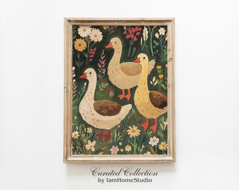 Impresión de ganso de granja, pintura vintage de gansos de granja, arte rústico de animales para guardería, arte de pared imprimible de cabaña