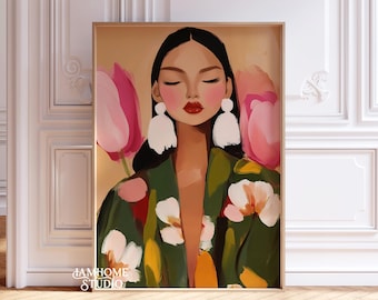 Floral woman portrait print, modern abstract female fashion art, digital download