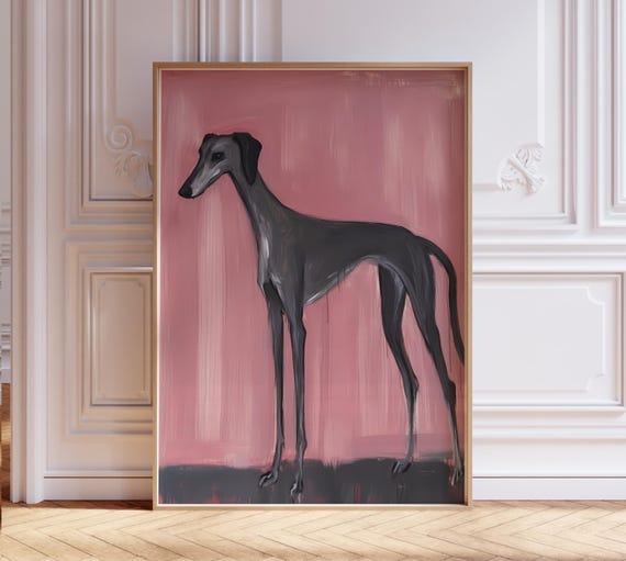 Elegant Greyhound print, modern pink grey dog painting, abstract Greyhound poster, large printable wall art