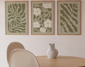Abstract Sage Green Floral Print Set, Modern Mid Century Botanical Wall Art (Digital Download)