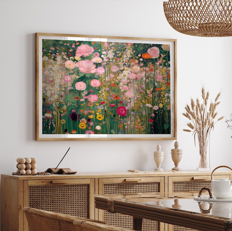 Gustav Klimt style Wildflower meadow print, horizontal abstract floral garden painting, digital download image 3