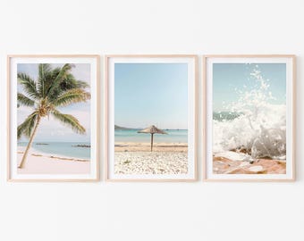 Summer Beach Set of 3 prints, Neutral tropical photography, boho Palm tree digital download