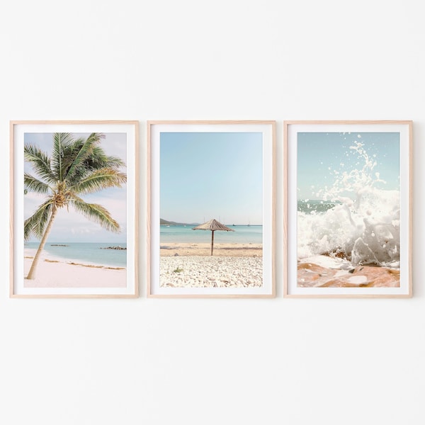 Summer Beach Set of 3 prints, Neutral tropical photography, boho Palm tree digital download