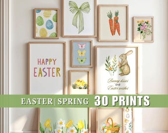 30 Easter wall art prints, pastel eggs bunny posters, spring bundle printables, digital download