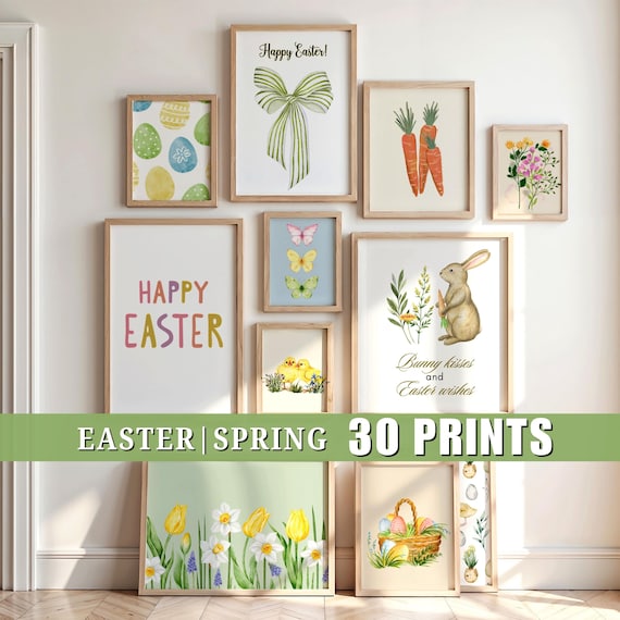 30 Easter wall art prints, pastel eggs bunny posters, spring bundle printables, digital download