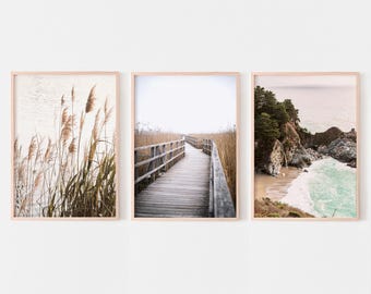 Boho nature 3 piece wall art, neutral landscape prints, boho coastal posters, pampas photography, printable wall art