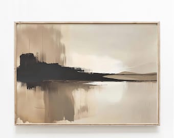 Abstract neutral landscape painting print, beige black brown scenery artwork, modern large wabi sabi printable wall art