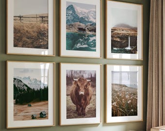 Printable nature gallery wall set, Highland cow prints set of 6, rustic landscape posters, printable wall art
