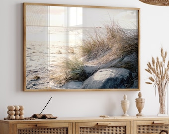 Coastal dunes photo print, boho beach landscape art, dried grass digital poster, neutral beachy printable wall art