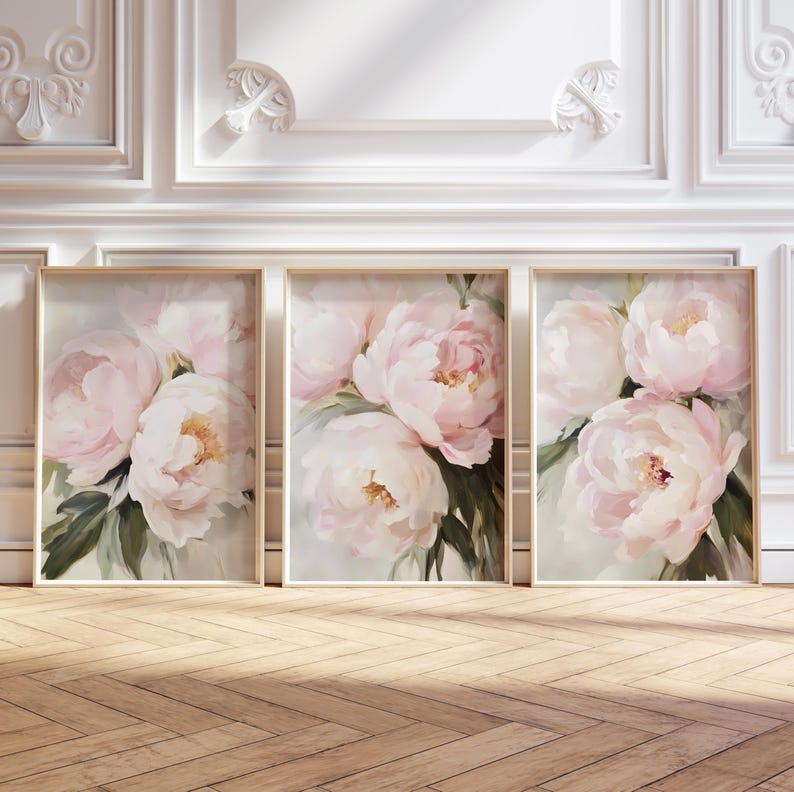 Pastel Pink Peony Prints Set of 3, Soft Pink Flowers Paintings ...