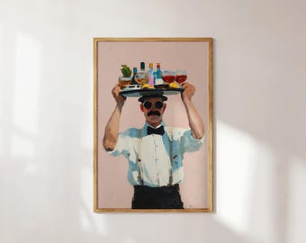 Kellner Kunstdruck, abstrakte Bar digitale Illustration, Retro Getränke Küche Esszimmer Poster, druckbare Kunst
