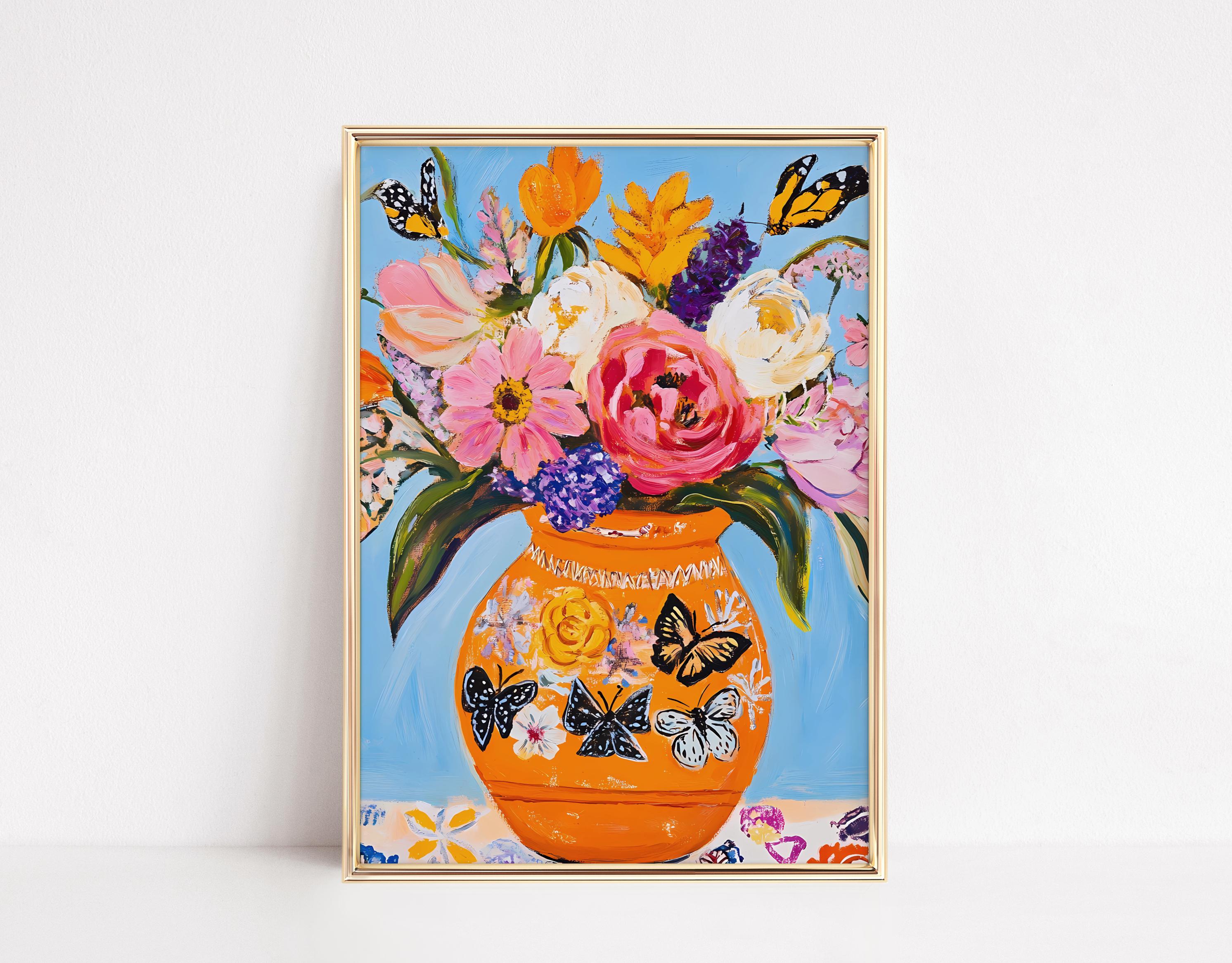 マキシマリストのカラフルな花瓶プリント、鮮やかな野生の花の絵画