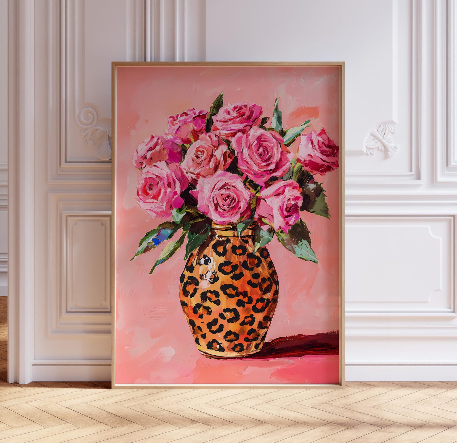 Vibrant Pink Roses Print, Leopard Vase Painting, Pinky Fashion Floral ...