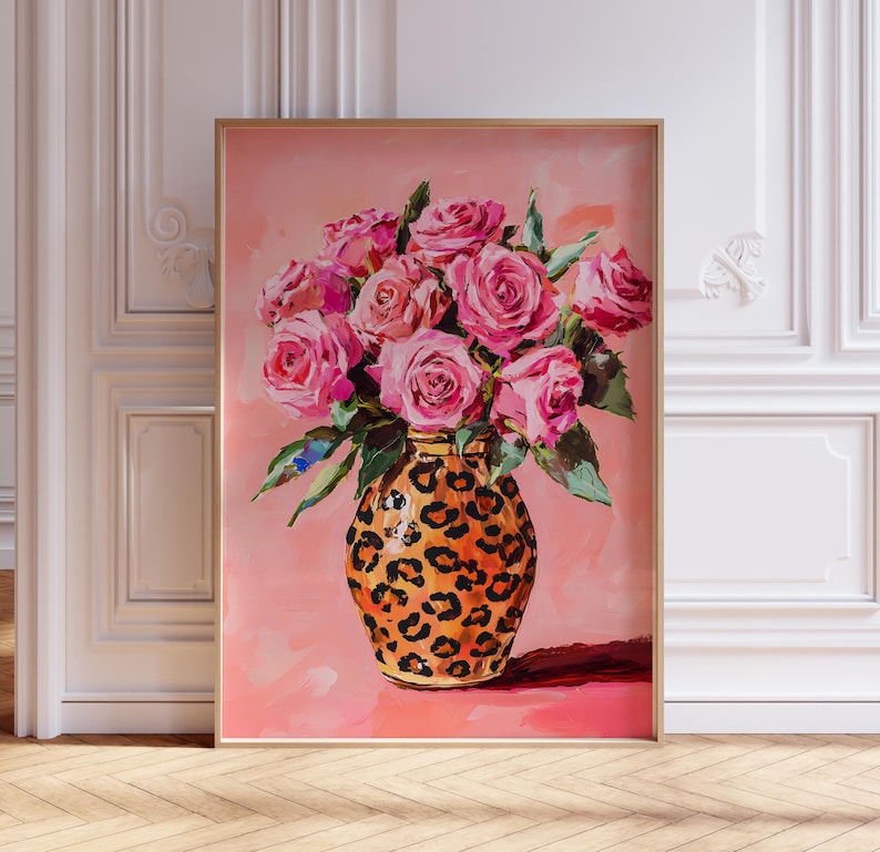 Vibrant Pink Roses Print, Leopard Vase Painting, Pinky Fashion Floral ...