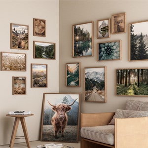 May include: A gallery wall with a variety of framed prints, including nature scenes, animals, and abstract designs. The prints are arranged in a symmetrical pattern on a light beige wall.