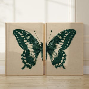 Delade fjärilstryck set om 2, grönbeige fjärilsvingar 2-delad väggkonst, minimalistisk elegant grönt rum utskrivbar väggkonst