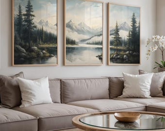 Mountain Lake Landscape Prints set of 3, Fosert Nature Painting Triptych wall art, Digital Download