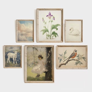 Vintage girls room prints, vintage nursery gallery wall set of 6 prints, cottage illustrations for girls room, digital download