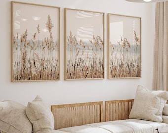 Neutral Dried Grass prints, Pampas triptych wall art, dried grass set of 3 prints, boho coastal reeds photo, printable wall art