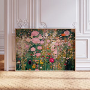 Gustav Klimt style Wildflower meadow print, horizontal abstract floral garden painting, digital download