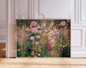 Gustav Klimt style Wildflower meadow print, horizontal abstract floral garden painting, digital download