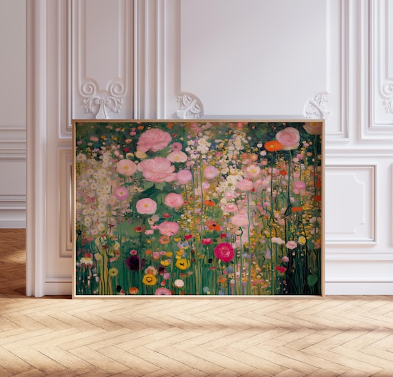 Gustav Klimt style Wildflower meadow print, horizontal abstract floral garden painting, digital download