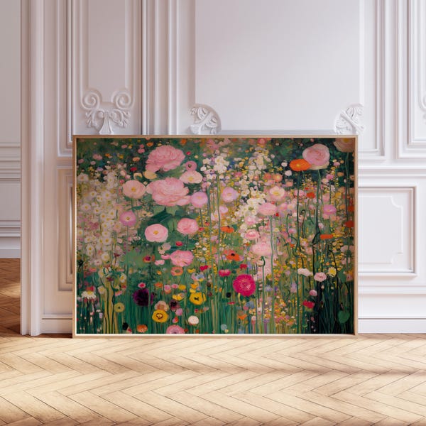 Gustav Klimt style Wildflower meadow print, horizontal abstract floral garden painting, digital download