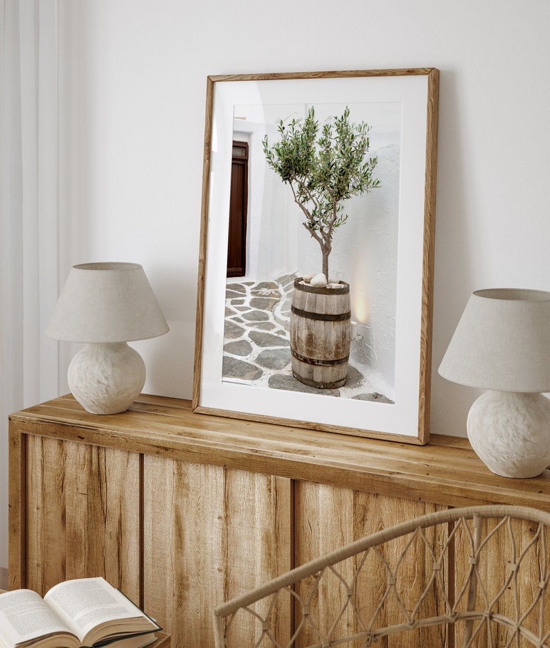 May include: A framed photograph of a small olive tree in a wooden barrel planter, set against a whitewashed wall with a stone walkway in the background.