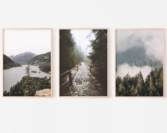 Forest Set of 3 prints, Landscape Wall Art, Lake Mountain Pictures, Nature 3 piece wall decor, Nordic Printable Wall Art