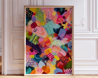 Colorful modern abstract painting, multicolor playful brush strokes art print, digital download