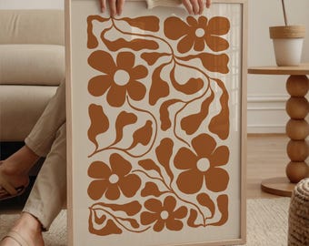 Burnt orange floral print, modern abstract terracotta flowers poster, mid century botanical printable wall art